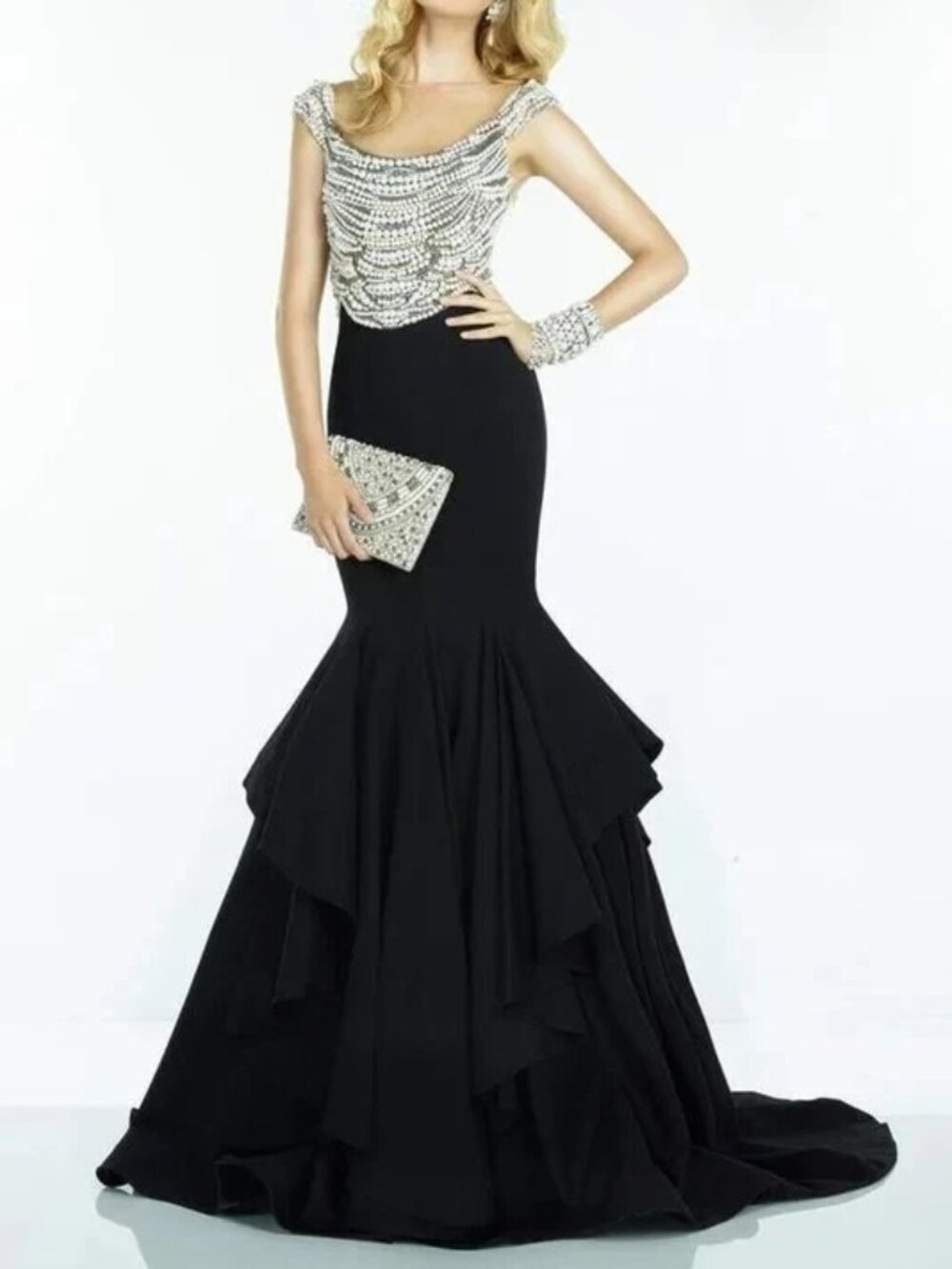 Alyce Paris Black Pearl Beaded Bodice Tiered Ruffled Trumpet Dress